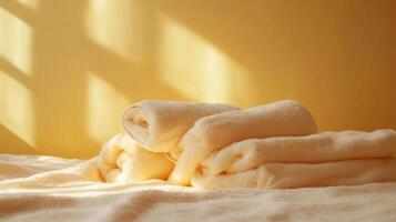 A pile of towels on a bed with sunlight shining through photo