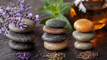 Spa stones and lavender oil on a stone surface photo