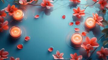Flowers and candles on a blue background photo