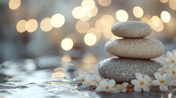 Zen stones and flowers on a table photo