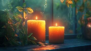 Two candles are sitting on a window sill with leaves photo