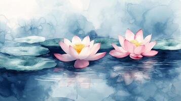Watercolor painting of two pink lotuses in the water photo