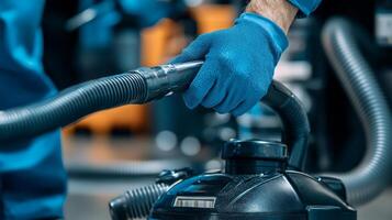 A person in blue overalls is holding a vacuum cleaner photo
