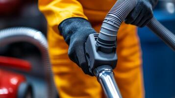 A person in an orange uniform is holding a vacuum cleaner photo