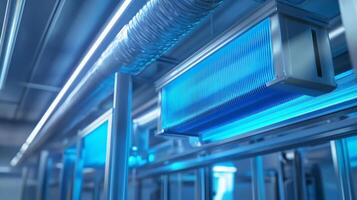 A blue light is shining on the ceiling of a room photo