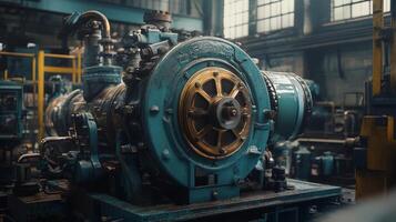 A large blue engine in a factory photo