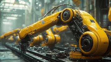 A group of yellow robots in a factory photo