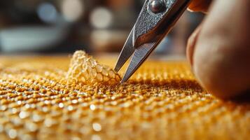 A person is cutting a piece of honeycomb photo