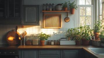 A kitchen with plants and pots on the counter photo