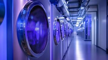 A long line of washing machines in a laundry room photo