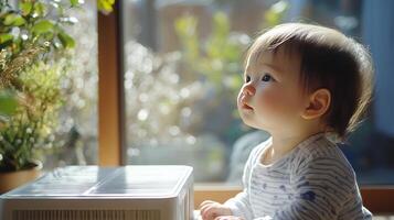 A baby sitting in front of a window with a fan photo