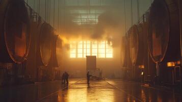 A man standing in a factory with smoke coming out of the windows photo