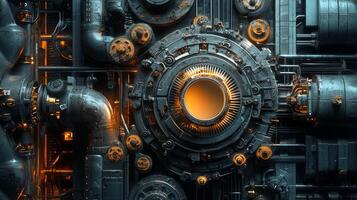 A close up of a machine with a large orange light photo