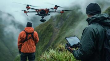 Two people standing in front of a drone with a tablet photo