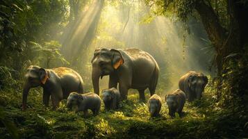 A herd of elephants walking through a forest photo