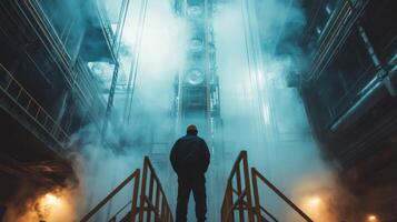 A man standing on a staircase in a factory photo