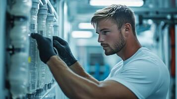 A man in a white shirt and gloves is working on a machine photo