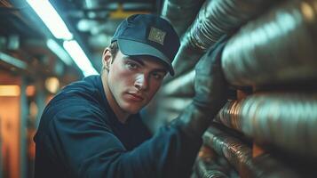 A man in a hat and gloves working on pipes photo