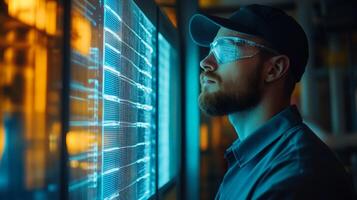 A man in a hat and glasses looking at a computer screen photo