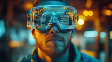 A man wearing goggles and a beard in a dark room photo