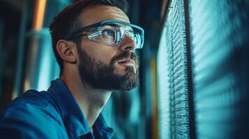 A man in glasses looking at a computer screen photo