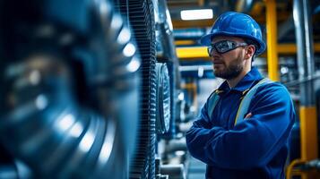 A man in a blue uniform and hard hat standing in front of a large industrial machine photo