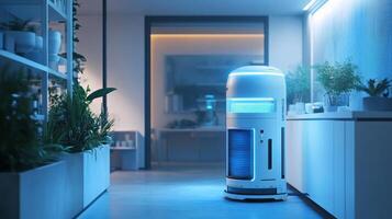 A robot vacuum cleaner in a room with plants photo