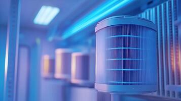 A blue light is shining on a metal container photo