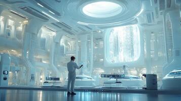A man standing in a futuristic futuristic room photo