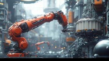 A robot is standing in front of a large industrial building photo