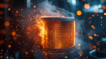 A metal drum with flames coming out of it photo