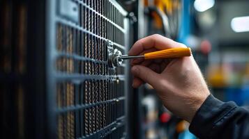 A person is holding a wrench on a server photo