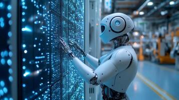 A robot is standing in front of a computer screen photo