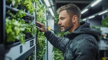 Man looking at plants in a greenhouse photo