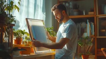 A man is holding a framed picture in front of a window photo