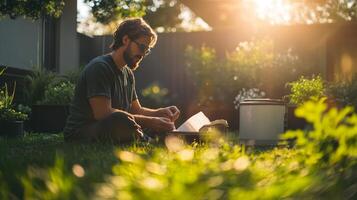 A man sitting in the grass with a laptop photo