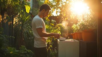 A man is standing in front of a garden with plants photo