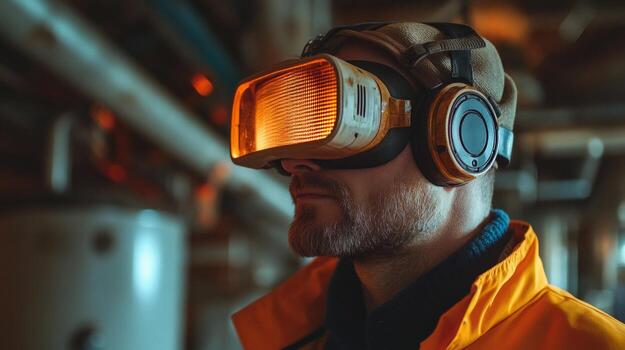 A man wearing a vr headset in an industrial setting photo