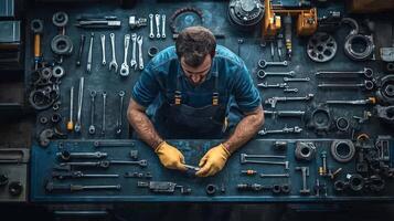 A man working on a table surrounded by tools photo