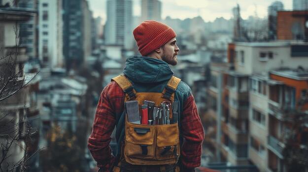 A man with a backpack and a red hat standing on a rooftop photo