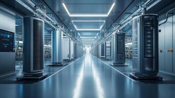 A long hallway with several servers in a data center photo