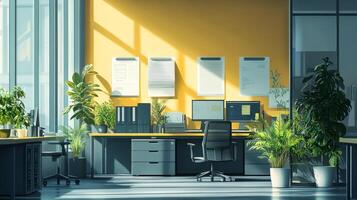A room with a desk and plants in front of it photo