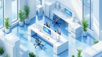 An office with desks and plants in the middle photo