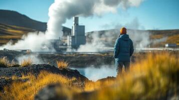 Man standing in front of a steam plant in iceland photo