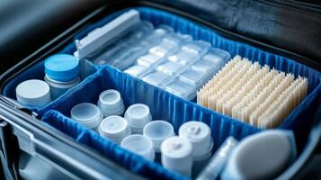 A suitcase filled with various medical supplies photo