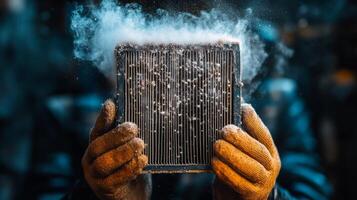 A person holding a metal box with a lot of dust photo