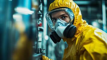 A man in a yellow protective suit and a face mask photo