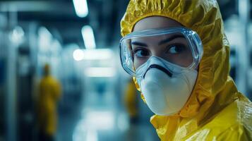 A woman in a yellow suit and protective gear photo