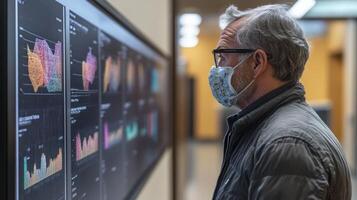 A man wearing a face mask looks at a large screen photo