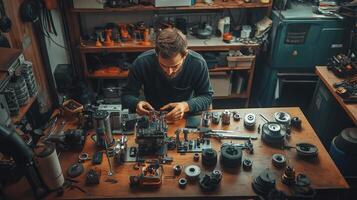 A man working on a machine in his workshop photo